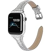 Wearlizer Thin Glitter Leather Compatible with Apple Watch Leather Bands Women 38mm 40mm 41mm 42mm 44mm 45mm 46mm 49mm for iWatch Series 11 10 9 8 7 6 5 4 3 SE/Ultra 3 2 1 Slim Bling Glistening Strap