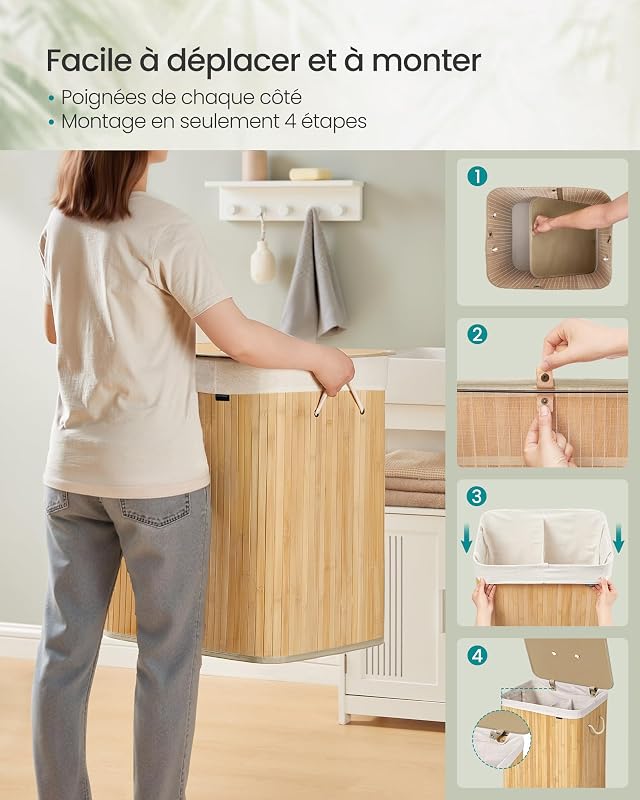 Panier à Linge avec Couvercle, 120 L, en Bambou, Pliable