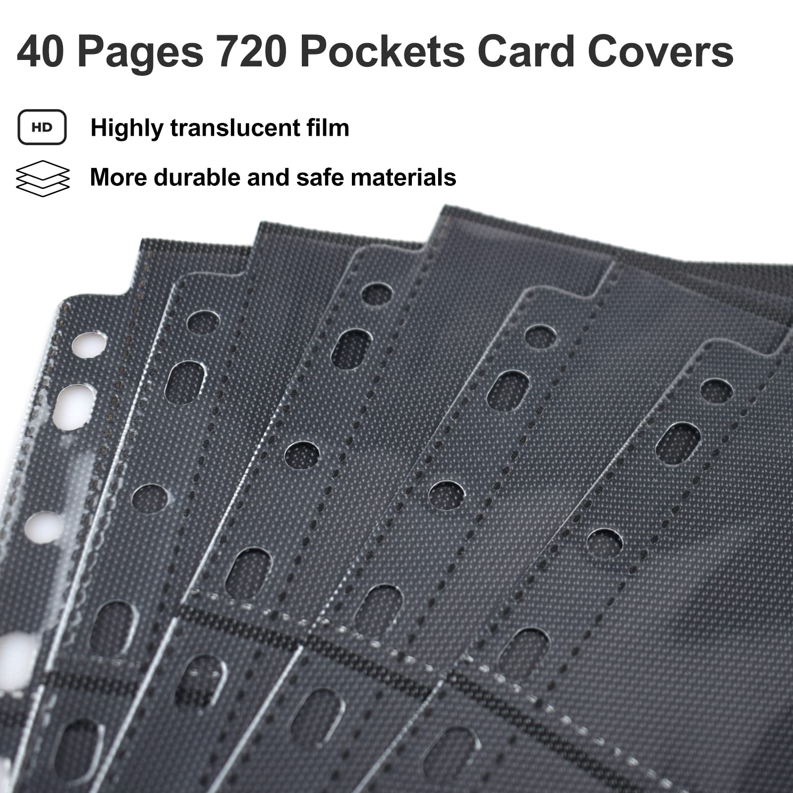 PESLNG 720 Pockets Doppelseitige Sammelkarten Hüllen, 9 Pocket Kartenhüllen für Ringordner mit 3-11 Löchern, transparent und säurefrei, geeignet für Standardkarten (Schwarz transparent, 40 Seiten) 3