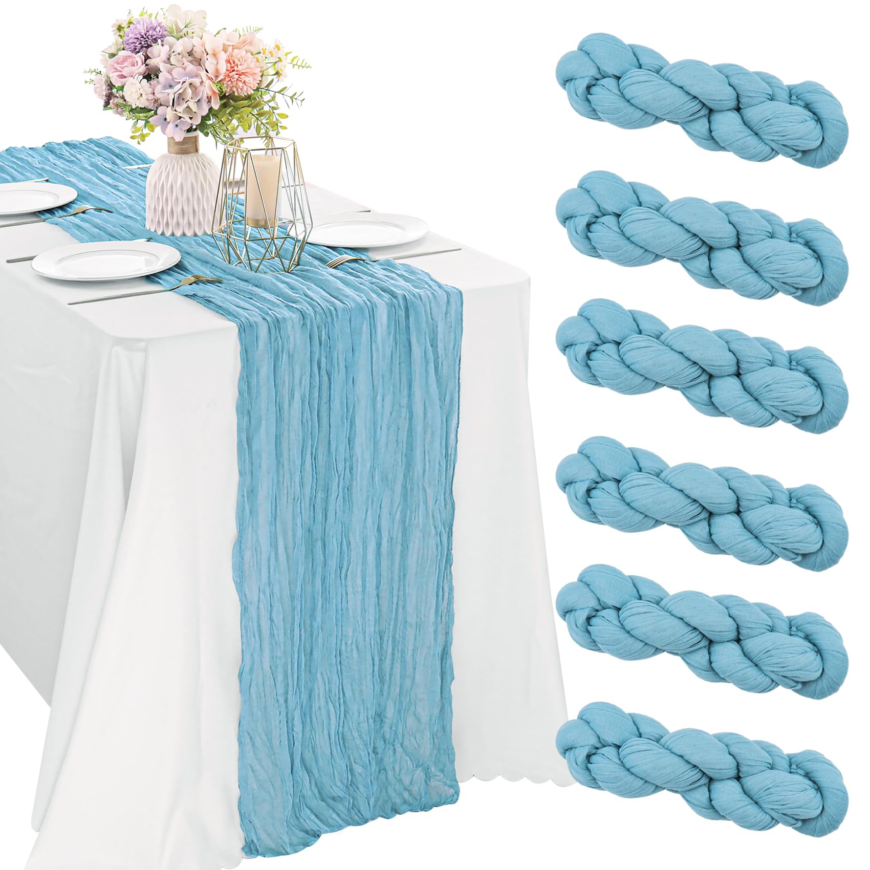 Photo 1 of 6 Pieces Baby Blue 10FT Cheesecloth Table Runner Boho Gauze Fabric Table Runner Rustic Sheer Runner for Wedding Birthday Baby Shower Party Boho Table Decoration?Baby Blue?