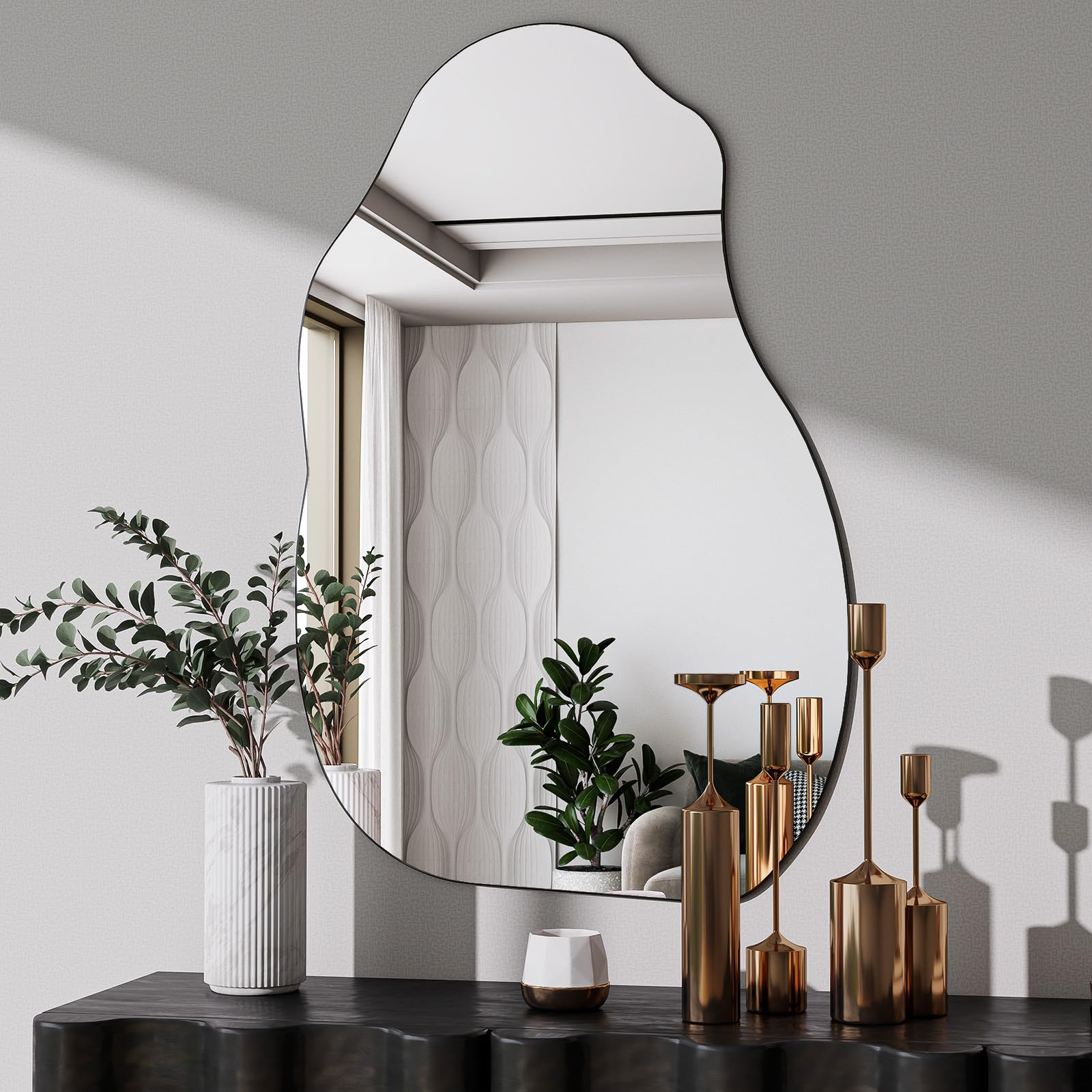 Photo 1 of ***reference***VooBang 20 x 32 inch Irregular Wall Mirror, Frameless Asymmetrical Abstract Wavy Bathroom Vanity Mirror Polished Edges Hanging Leaning for Hallway, Entryway, Living Room