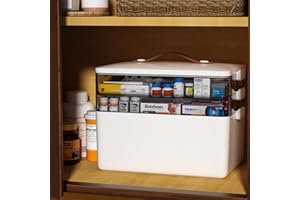 JOYBOS 3-Tier Medicine Storage Box Cabinet, Empty First Aid Kit Portable Medical Supply Organizer with Leather Handle for Home 3-Tier Medicine Storage Box