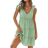 ZESICA Womens 2026 Summer Casual V Neck Sleeveless Mini Dress Tie Shoulder Tiered Ruffle Swing A Line Short Sundresses