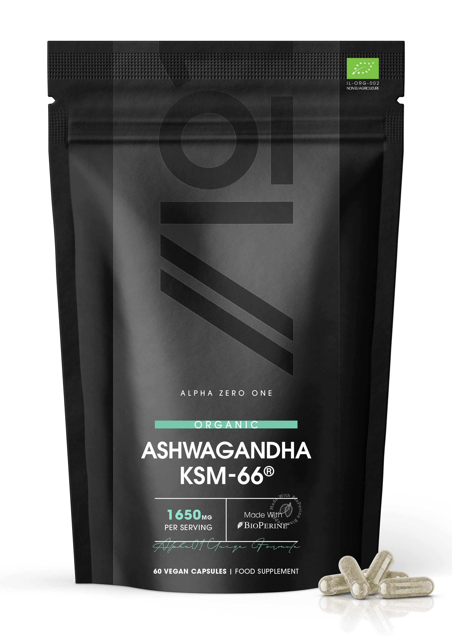Organic Ashwagandha KSM-66® with BioPerine® - 1650mg - 5% Withanolides - Most Bioavailable Full-Spectrum Root Extract - Not Tablets or Powder - 60 Vegan Capsules Bag