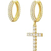 KRKC Cross Dangle Earrings - Sterling Silver Hoop, 14K Gold Plated, Hypoallergenic, 15mm Cross Dangle Drop Round Earrings for Men & Women