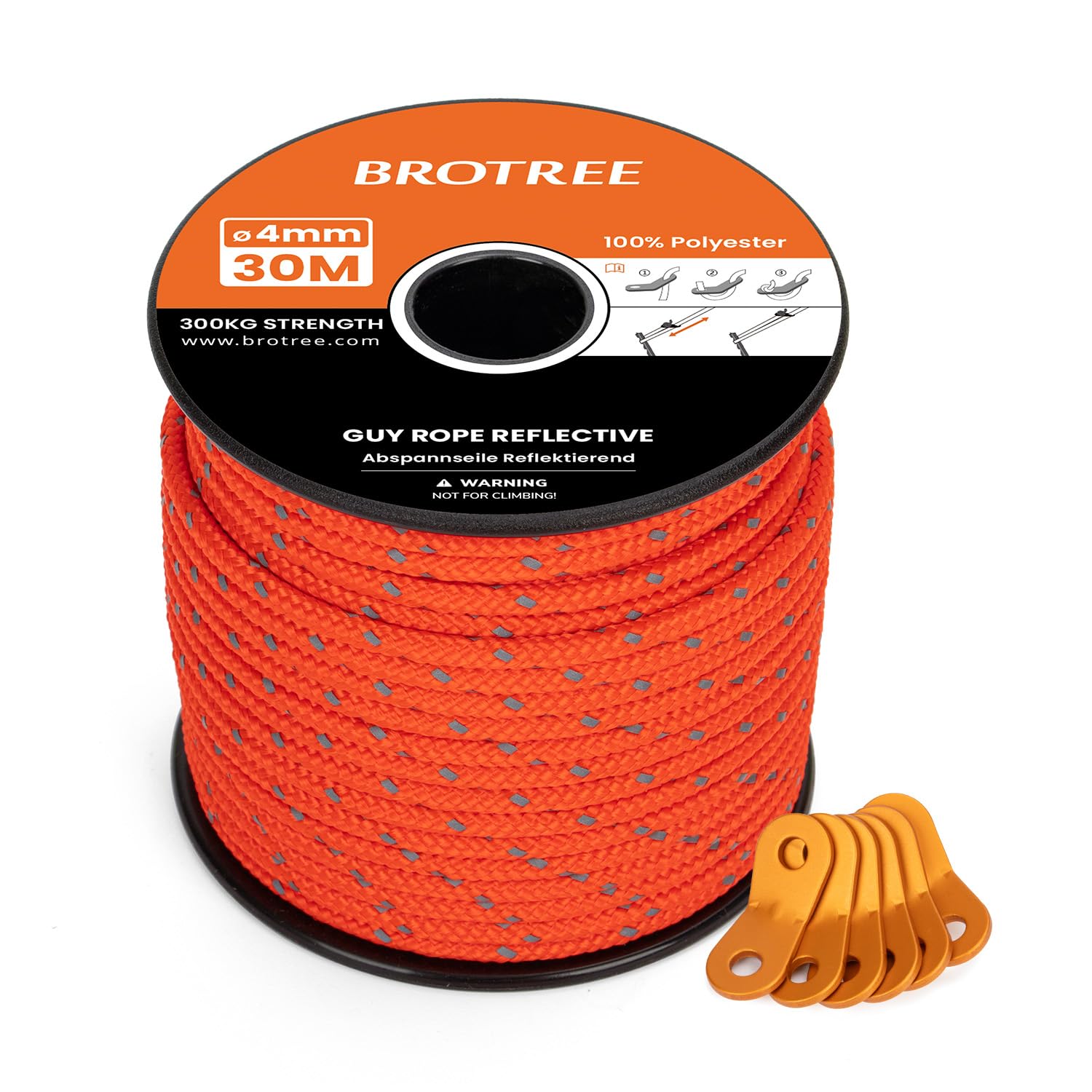 BROTREE Tent Guy Rope 4mm 30m Reflective Guy Line Heavy Duty Guide Rope with 6Pcs Aluminum Tensioners for Tent Gazebo Awning Camping (Neon Orange)