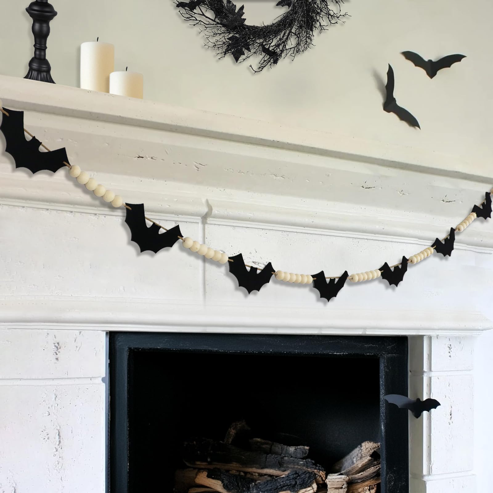 Photo 1 of Halloween Garland Decorations - Adjustable Spooky Hanging Black Felt Bat Garland Fireplace Decor - Aesthetic Boho Wood Beads Mantel Banner for Home Room Indoor Farmhouse Office Wall Halloween Decor