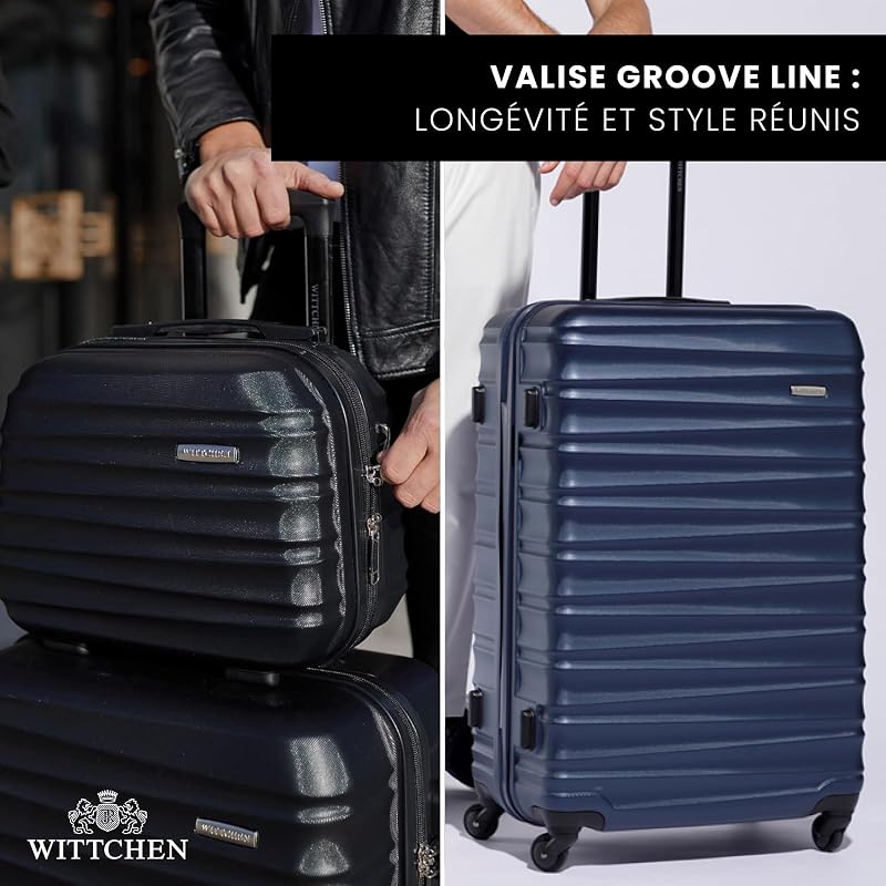 Valise de Voyage Set de 4 valises Valise à roulettes Bagages à Main ABS 4 roulettes pivotantes Serrure à Combinaison Poignée télescopique Groove Line Bleu Marine Air France/Easyjet