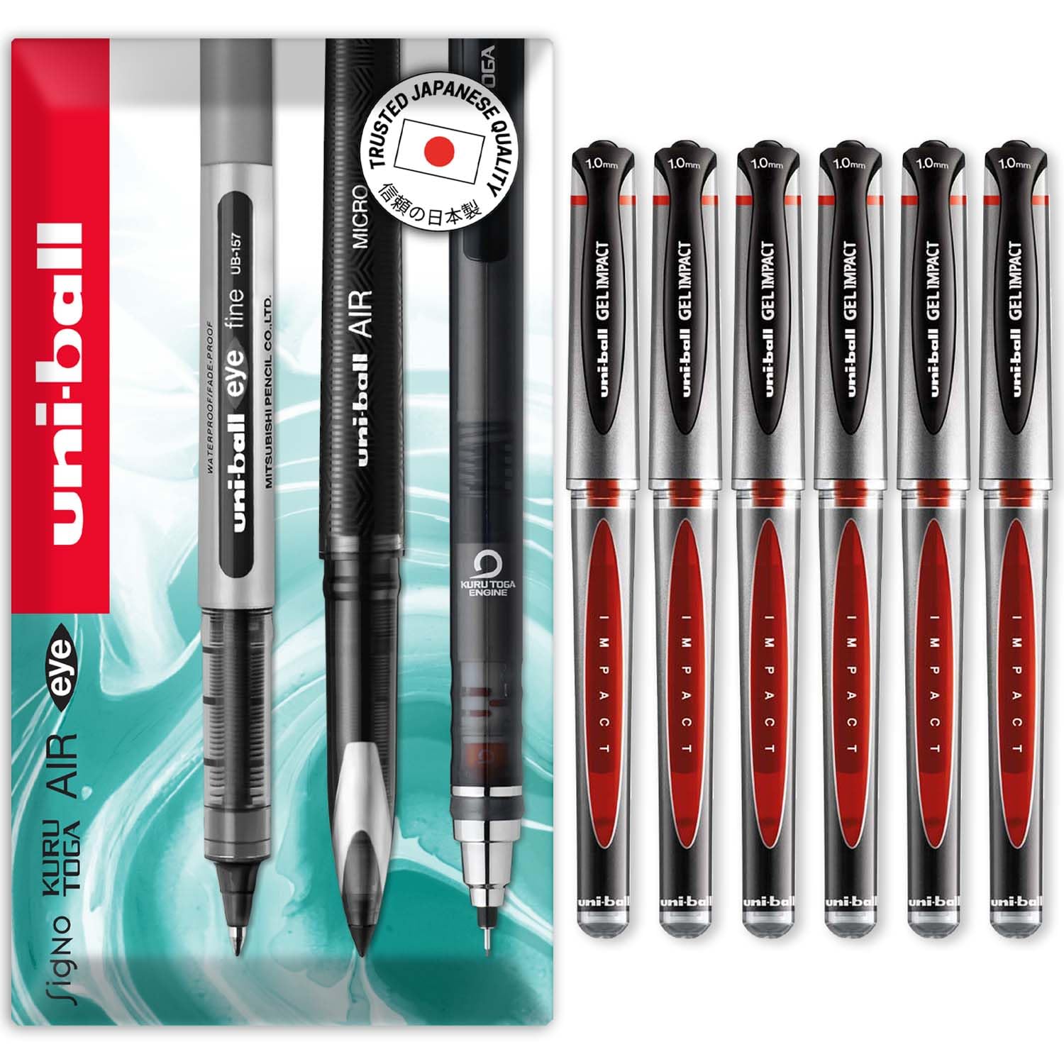 uni-ball Gel Impact Broad - UM-153S Rollerball Pens - 1.0mm Nib Tip - In Envelope Gift Packaging (Pack of 6, Red)