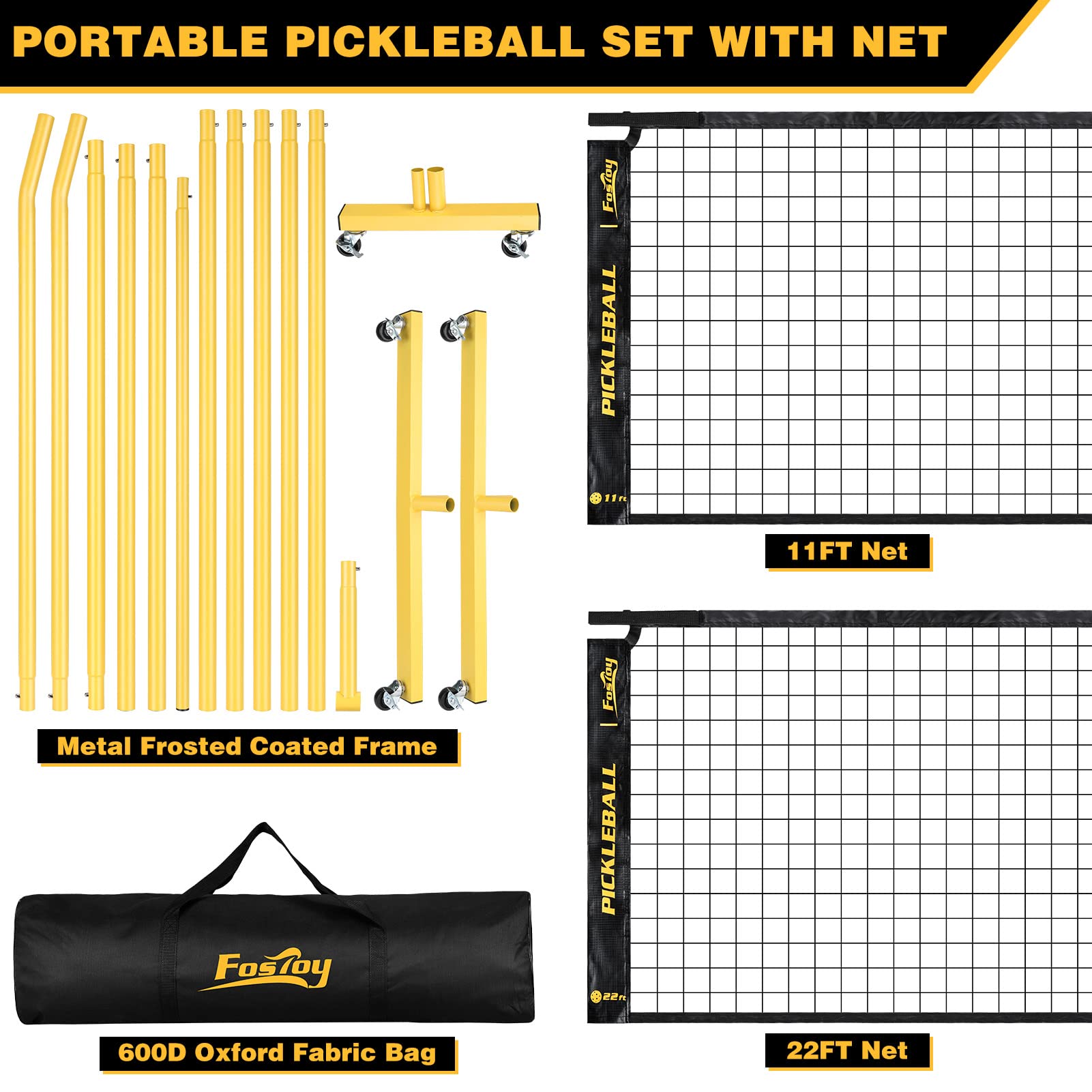 Portable Pickleball Net Set with Wheels, Regulation Size 22 FT & Half Court 11 FT, Steady Metal Frame Pickle Ball Net Set System with Carry Bag for Backyards, Driveways, and Garages