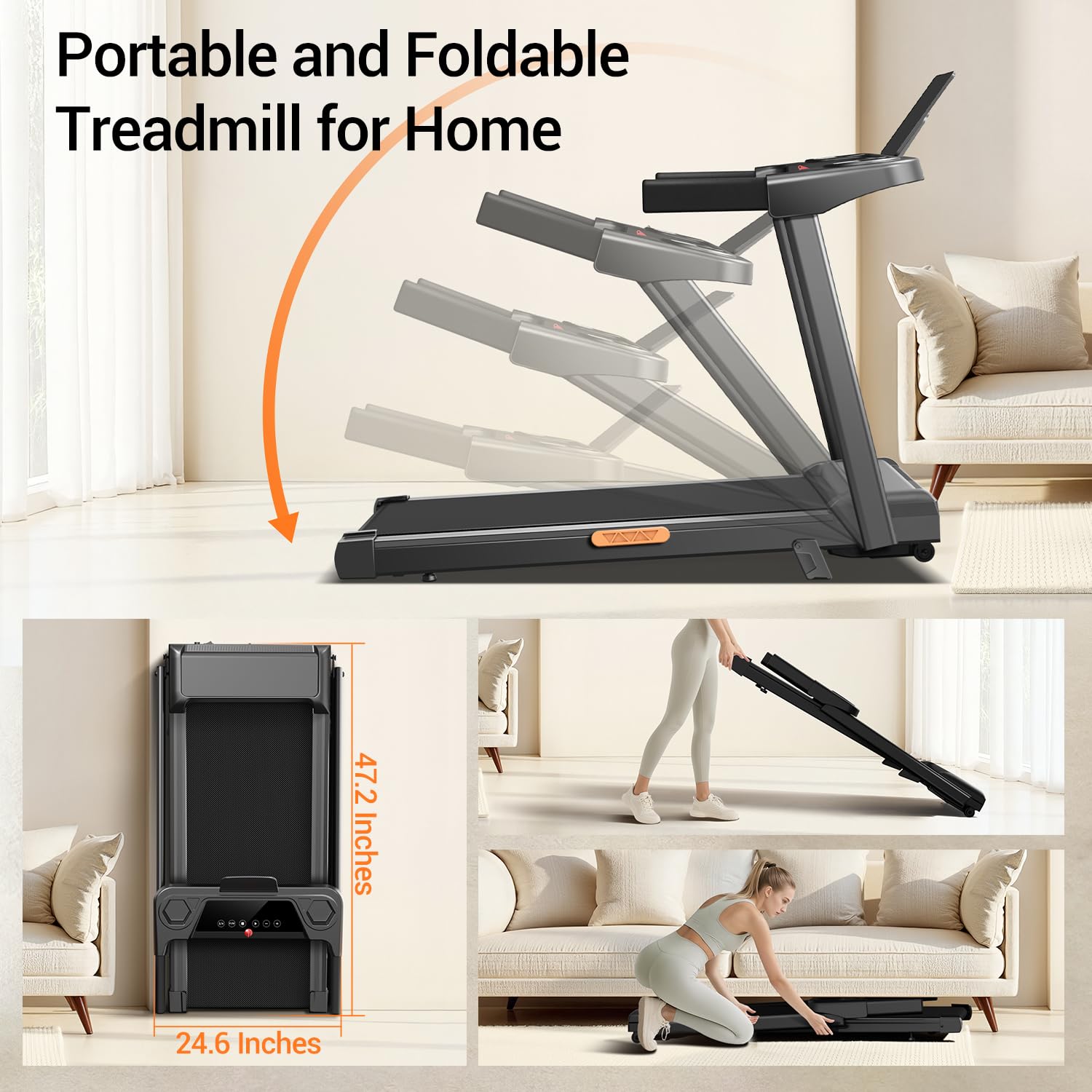 12% Incline Treadmill with Handle, 3-in-1 Portable Treadmills for Home and Office, Foldable Treadmills with 300 Lbs Weight Capacity, 3.0HP Quiet Walking Pad Treadmill, Three Touch Screen