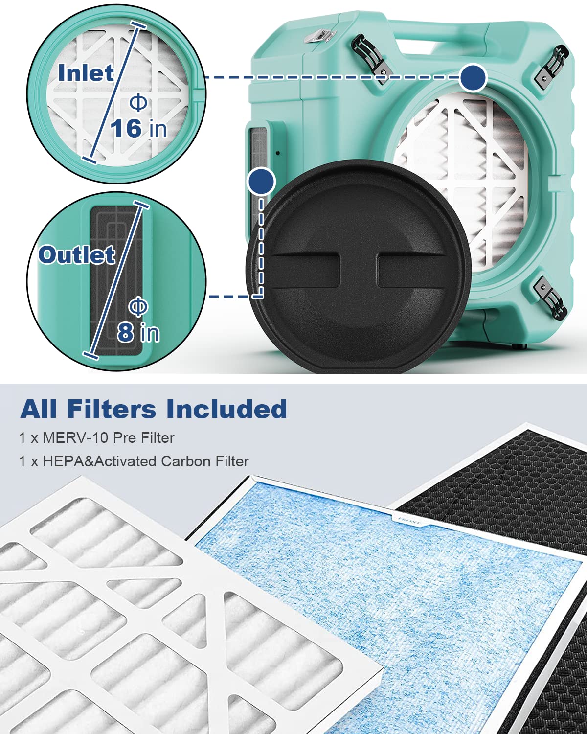 ALORAIR PureAiro HEPA Pro 770 industrial Air Scrubber, 3-Stage Filtration System, GFCI Outlet, Negative Machine, Air Scrubber for Water Damage Restoration Interior Decoration, Green