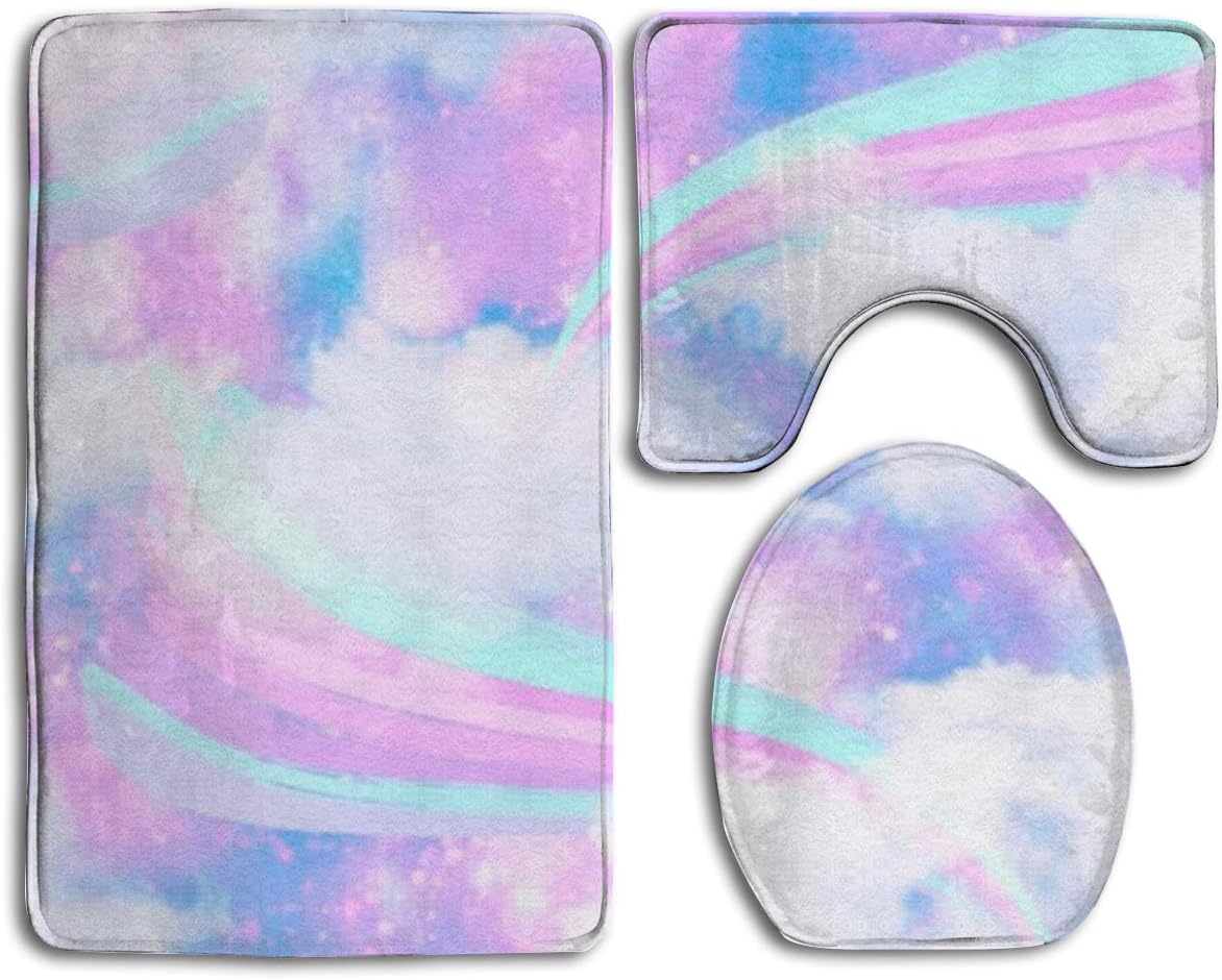 LYIR Rainbow Clouds Toilet Carpet,Fashion Bathroom Rug Mats Set 3 Piece Anti-Skid Pads Bath Mat + Contour + Toilet Lid Cover