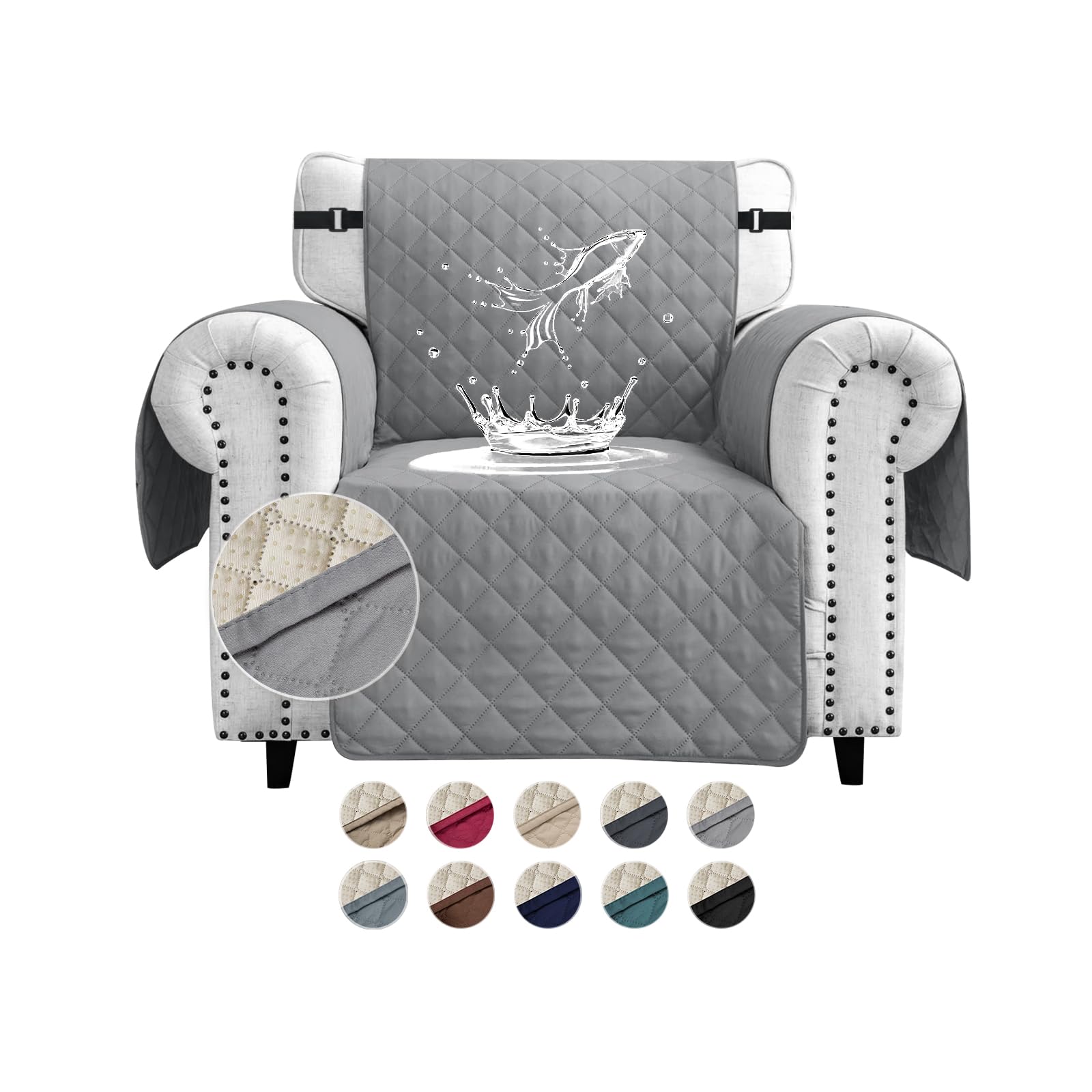 FIGOOO Sofa Covers Water Resistant Sofa Slipcovers 1 Seater Waterproof Anti-Slip Anti-Scratch Sofa Cover with Non Slip Elastic Straps for Dogs Cats Pets,Light Grey