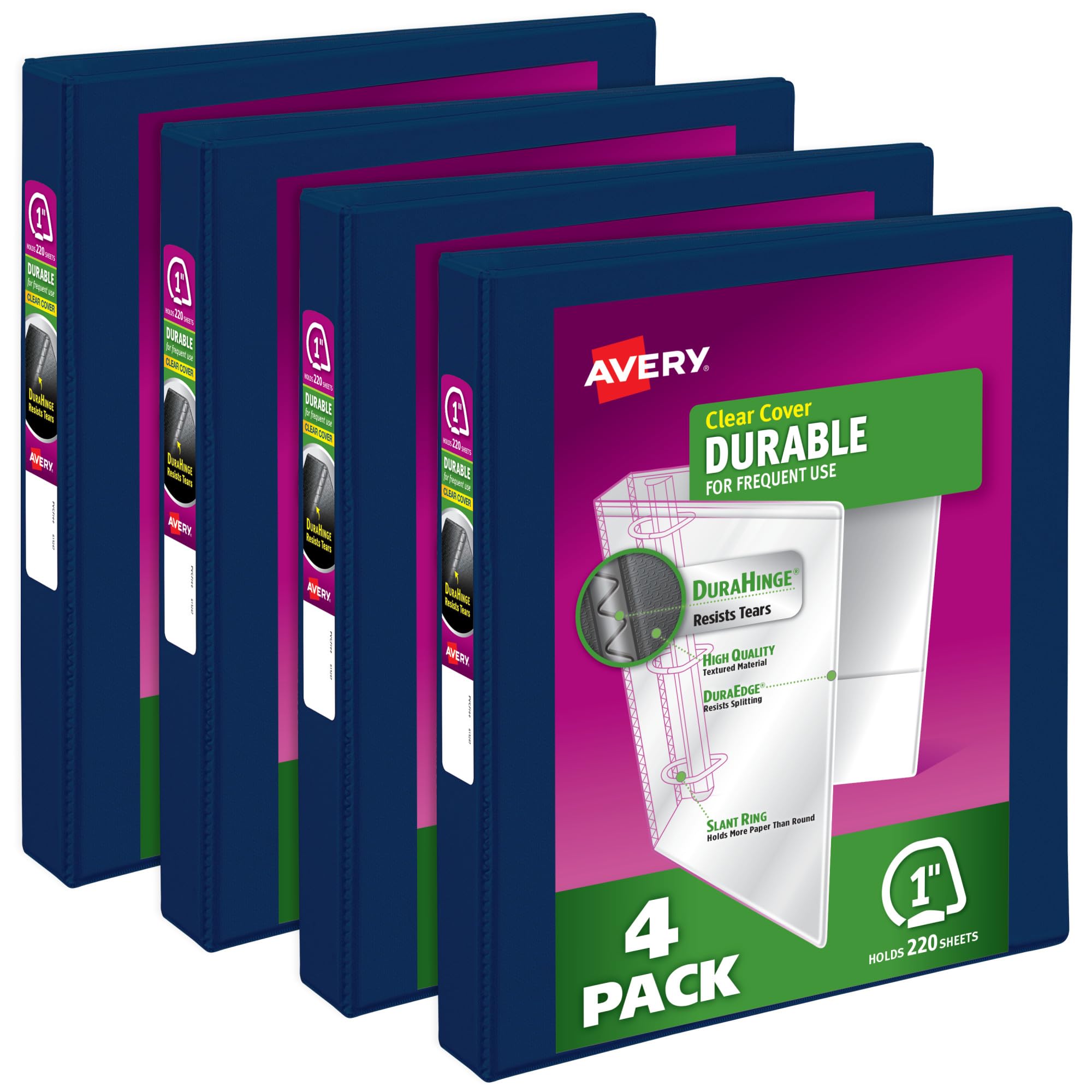 Avery Durable View 3 Ring Binders, 1" Slant Rings, 220-Sheet Capacity, Blue, 4 Pack (17705)