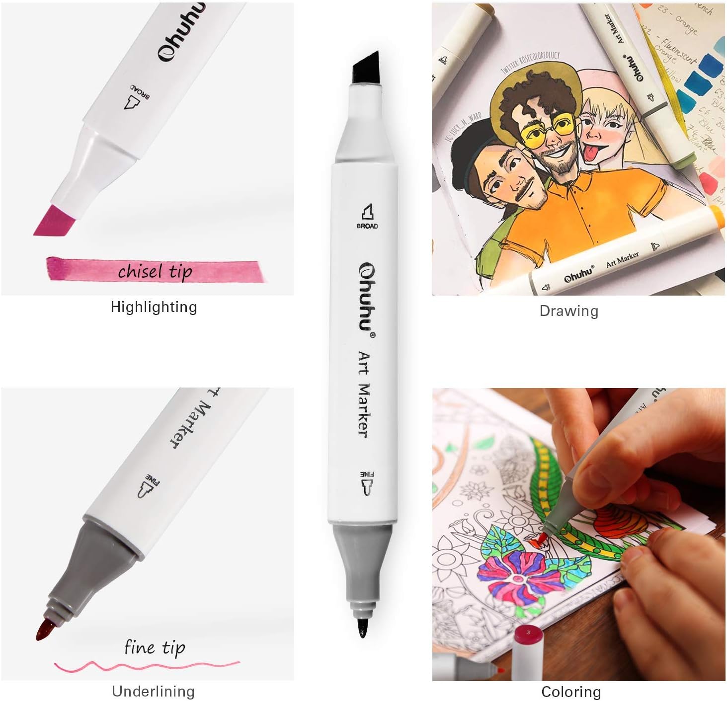 Ohuhu 40-color Alcohol Markers, Dual Tips Permanent Art Markers for Kids, Highlighter Pen Sketch Markers for Drawing Sketching Adult Coloring, Alcohol-based Markers, Comes w/ 1 Alcohol Marker Blender : Office Products