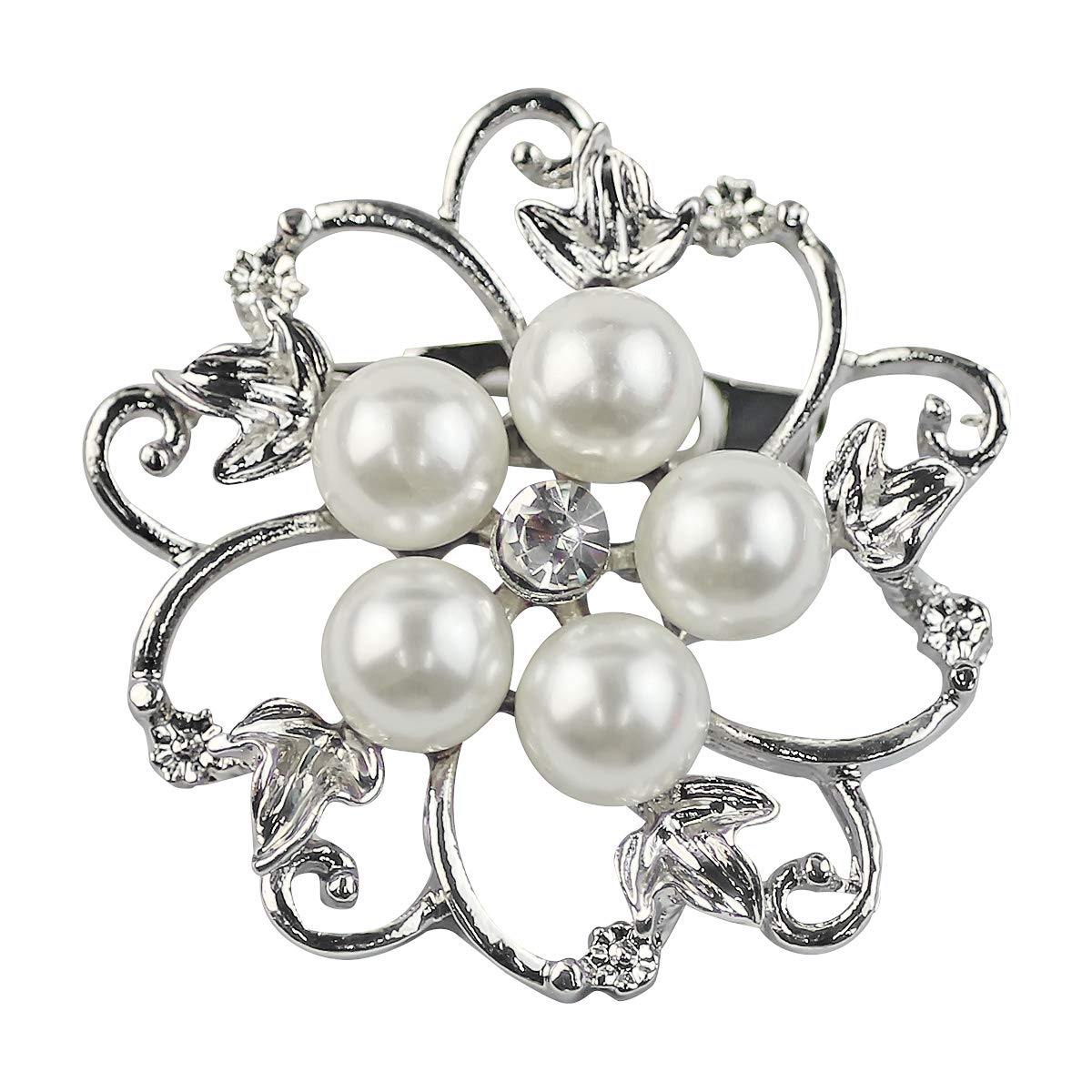 Mecool Brooch Pins Faux Pearl Broochs Round Shape Flower Brooch Scarf Pin-White
