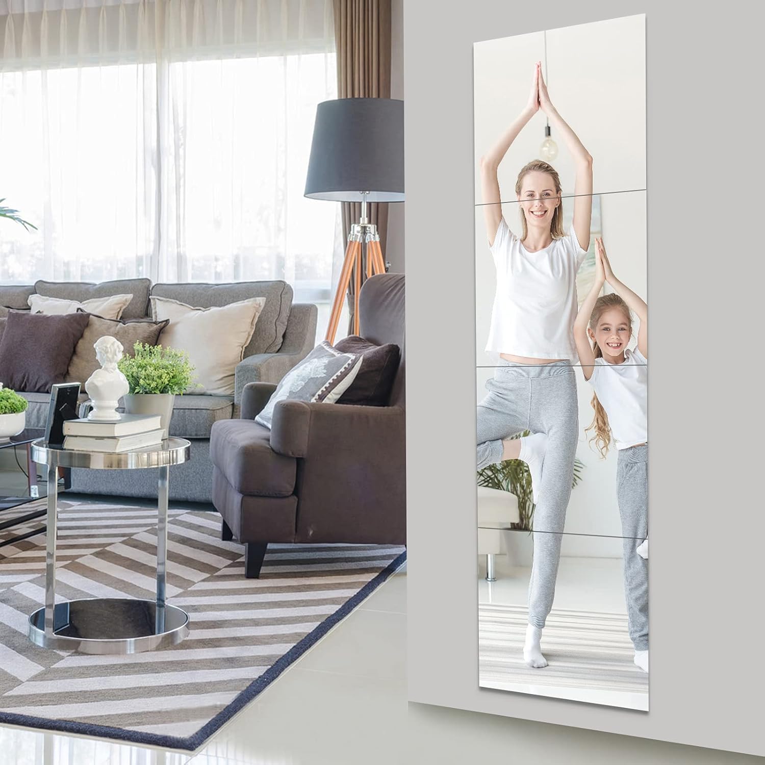 EVENLIVE Full Length Mirror Tiles, Frameless Wall Mirror 12 Inch x 4 Pieces, Body Mirror, Long Mirror, Gym Mirrors for Home Gym, Used as Door Mirror, Closet Mirror, Room Mirror, Easy to Install