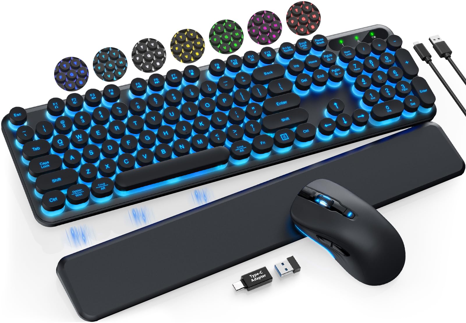 Photo 1 of Wireless Keyboard and Mouse Backlit - Typewriter Keyboard with Detachable Wrist Rest, Retro Round Keycaps, Light Up Letters, 2.4G Cordless Combo for Mac, Windows, PC, Laptop, Trueque [2024 Upgraded]