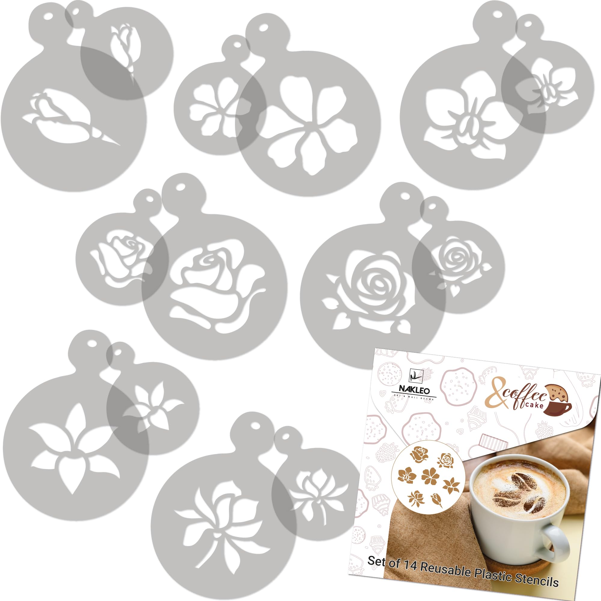 NAKLEO Coffee Stencils and Cookies Decoration 14Pcs 7x7 and 11x11cm, Reusable Plastic Baking Templates, Flowers Rose Tulip, Barista DIY Art Craft, Capuccino Latte Chocolate Cake Biscuit Kitchen