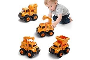 Lovinkiki Construction Truck Toys for Toddlers 1-3, Push and Go Toy Vehicles Set with Mixer, Dump Truck, Excavator, Bulldozer, Friction Powered Cars for Boys and Girls, Gift for 2 3 4 5 Year Old Kids