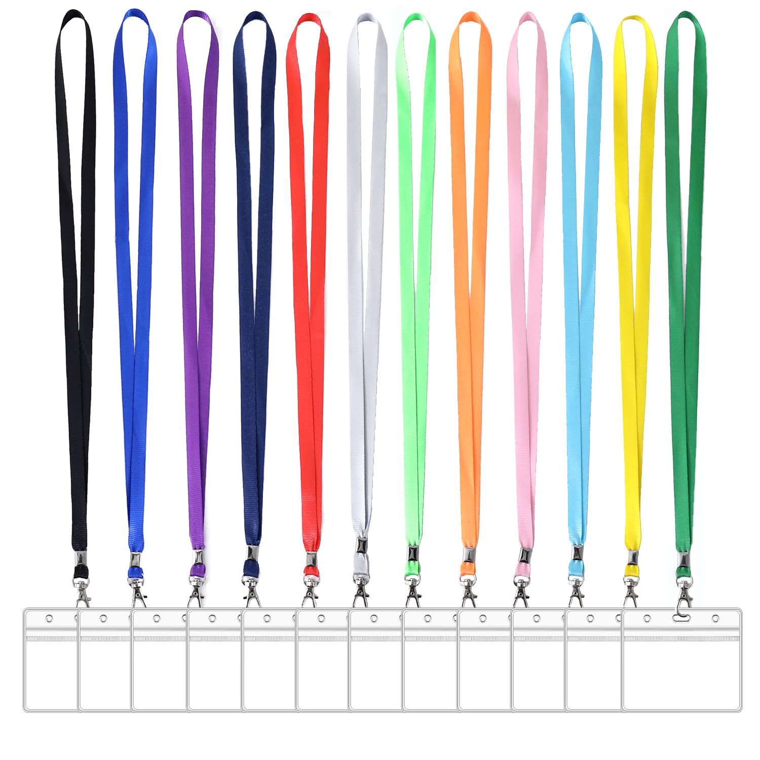 12pcs Lanyards for Neck with 12pcs Card Holder, Clear Plastic ID Card Holder and 12 Colors Lanyard, Horizontal Sealable Waterproof Name Badge Holders with Lanyard for ID Cards Office School