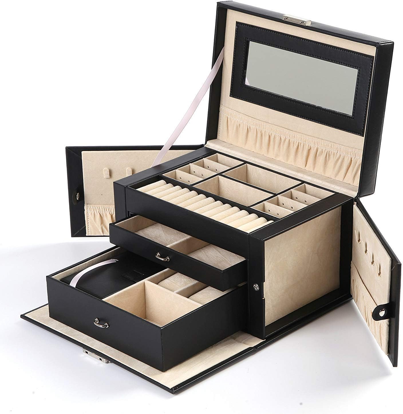 ABO Gear Box Jewelry Case Jewlery Organizers Storage with Lock, Black/Beige Pu Leather: Home & Kitchen