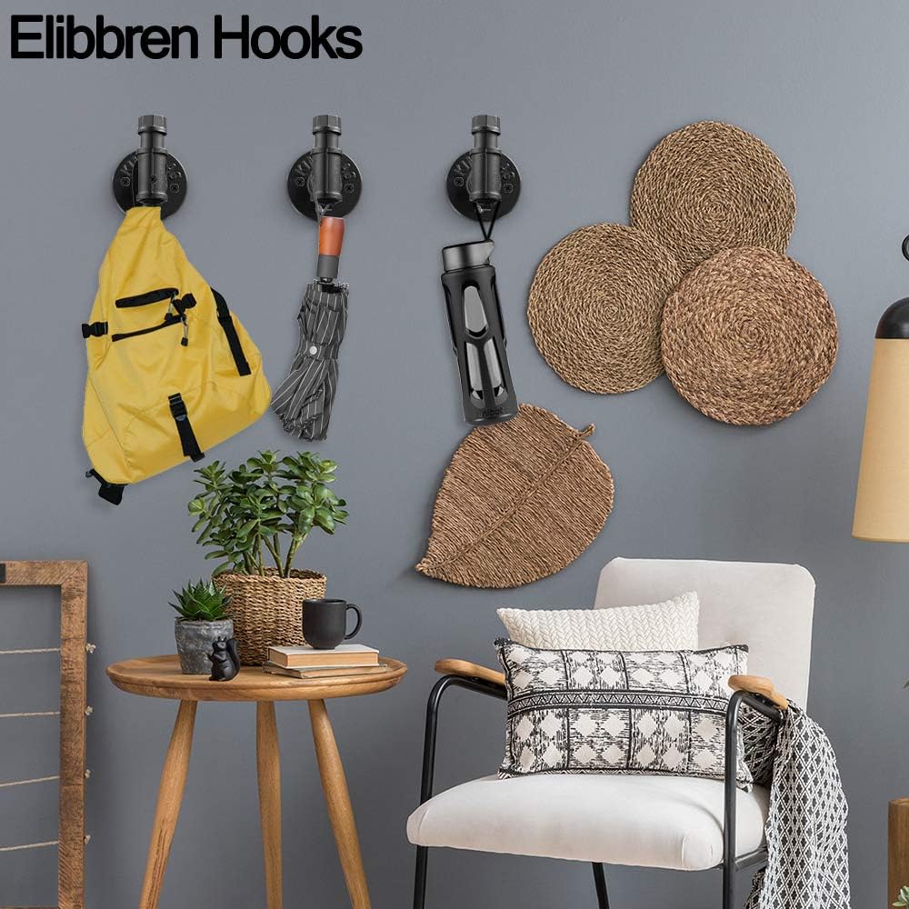3 Pack Vintage Bathroom Robe and Towel Wall Hooks for Hanging, Elibbren Rustic Style Industrial Iron Pipe Coat Hook Wall Mounted Heavy Duty Farmhouse DIY, Mounting Hardware Included - - 