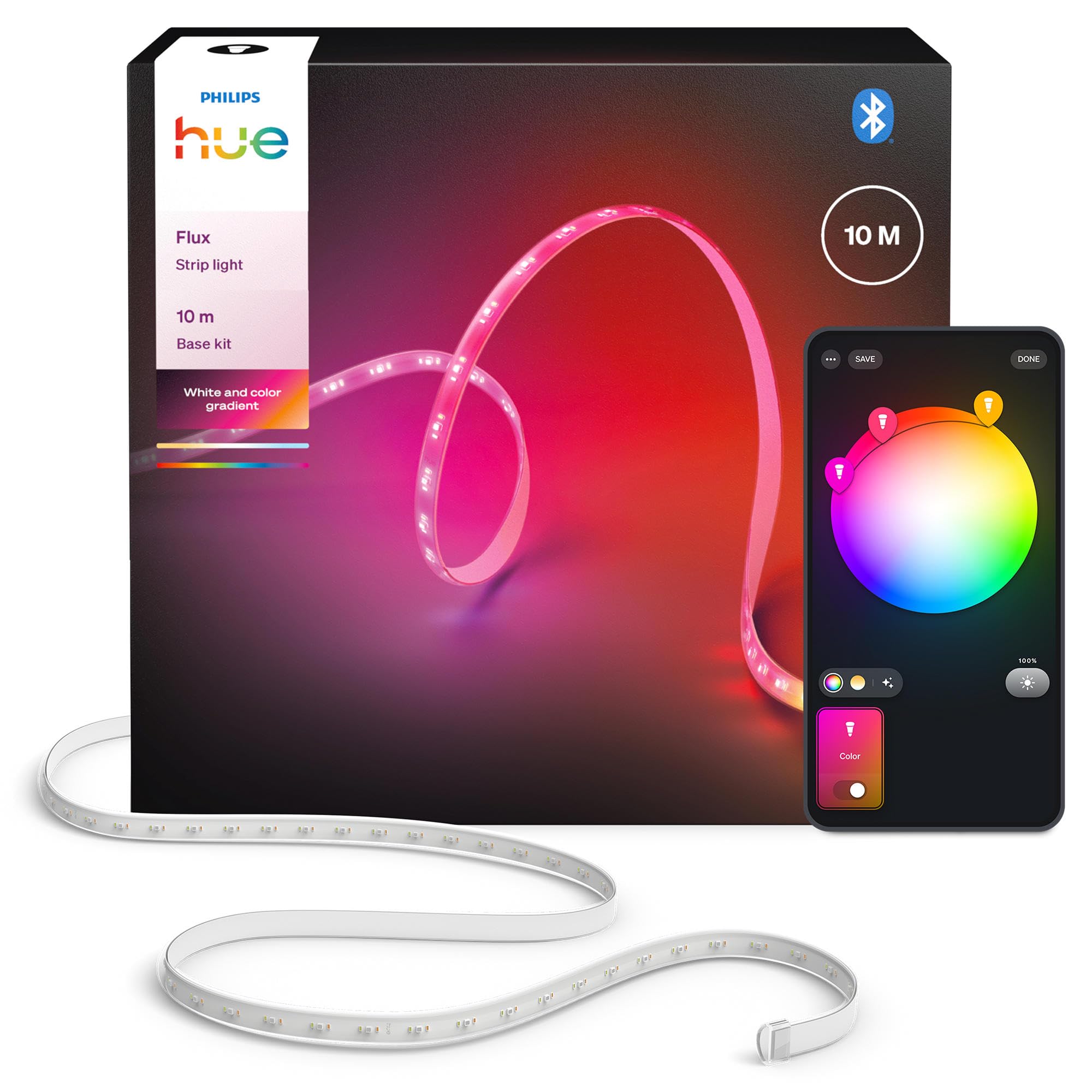 Philips Hue Flux 10m LED-Lightstrip, 1200 lm Lichtband, flexible Innenbeleuchtung, Chromasync™-Farbmischung, RGBWWIC, LED Streifen zuschneidbar, erweiterbar, wiederverwendbar, App- und Sprachsteuerung