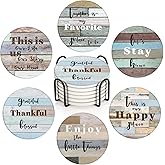 Bribay Coasters for Drinks Set of 6, Farmhouse Wood Home Happy Saying Phrase Absorbent Round Ceramic Stone Mat, with Cork Base and Metal Holder, Gift for Housewarming Room Bar Decor