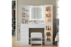 Yanosaku Vanity Desk with LED Mirror, Makeup Vanity with Charging Station, 2 Transparent Cabinets & 3 Open Shelves, 6 Drawers Vanity Set with Glass Top, Dressing Table for Bedroom, White