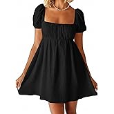 Coloquin Women Puff Sleeve Bobydoll Dress Sundress Flowy Square Neck Swing Mini Dress Beach Going Out Dresses