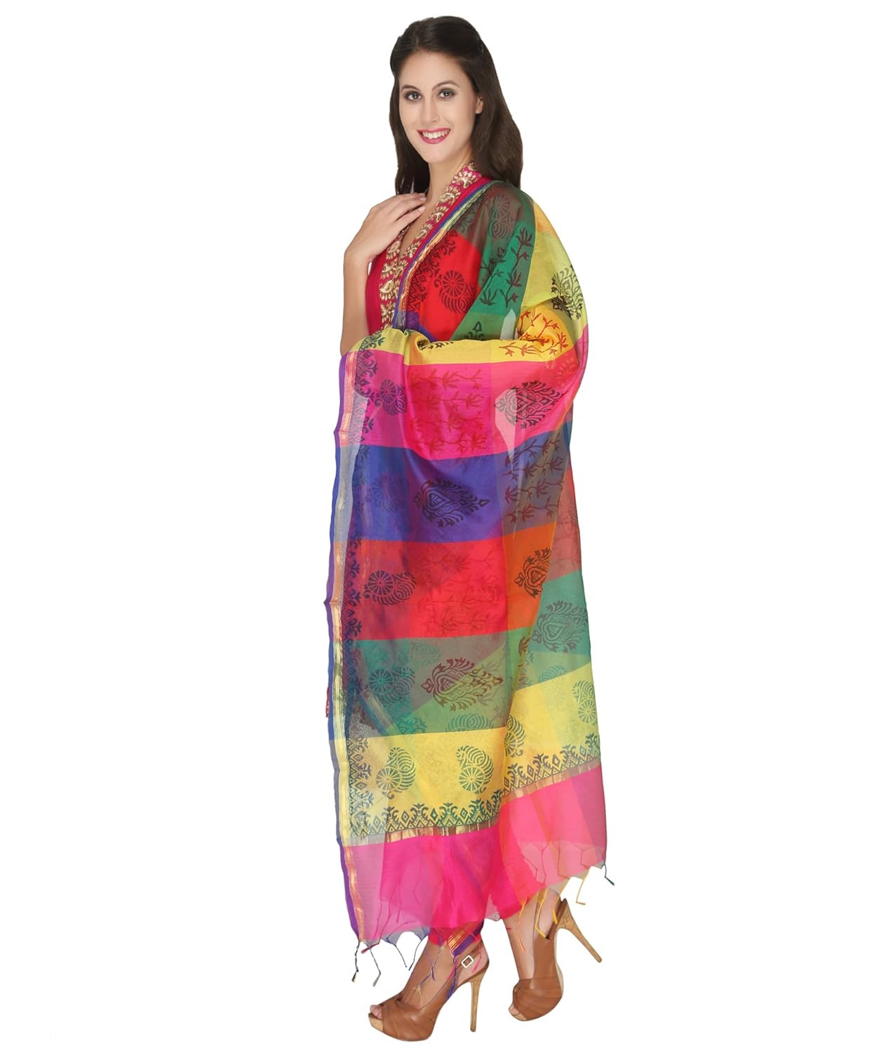 multicoloured printed silk dupatta