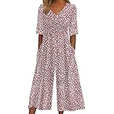XNC Women's Casual Jumpsuits 2025 Summer Trendy Wrap V Neck Short Sleeve Wide Leg Pants Floral Print Rompers with Pockets