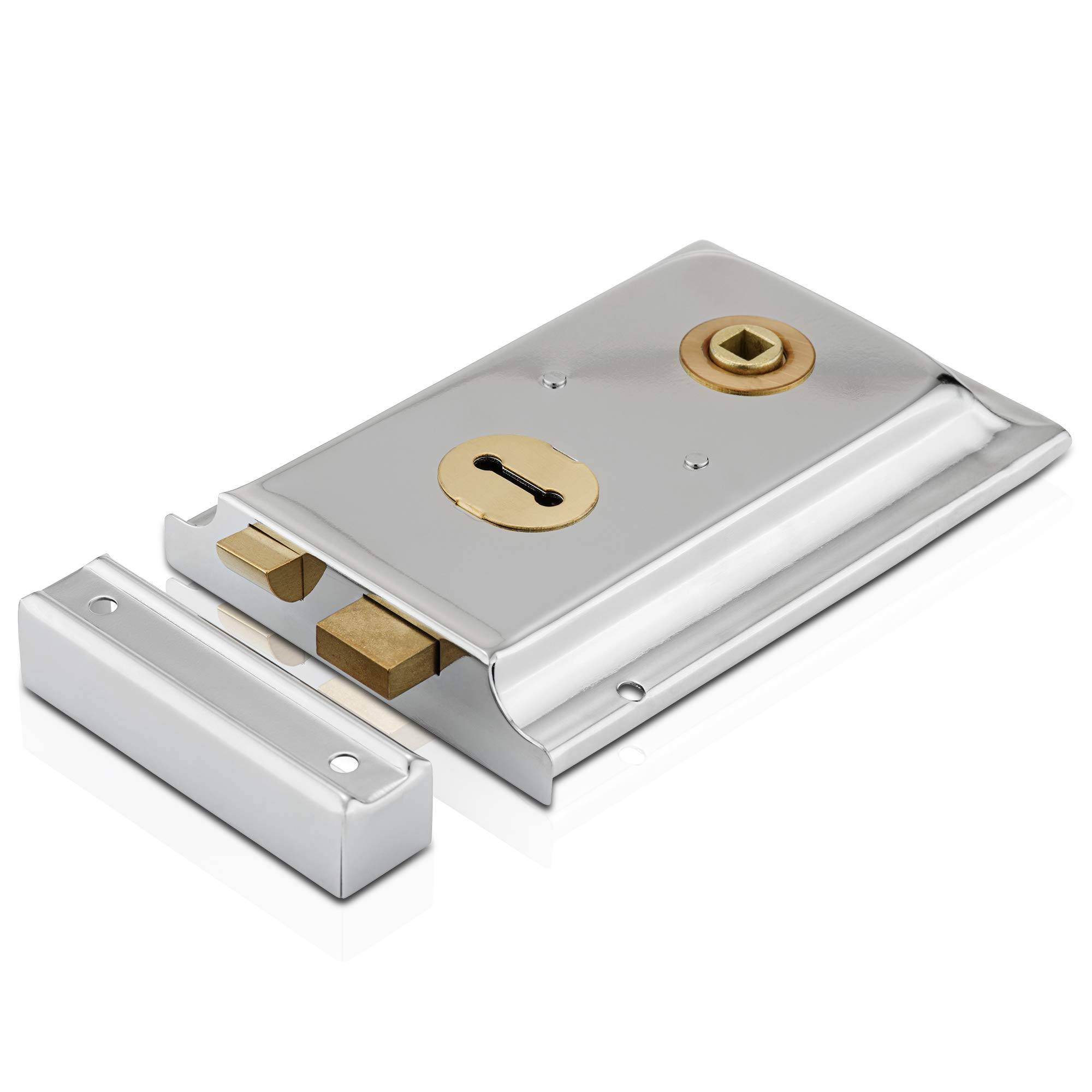 XFORT® 6"x 4" Polished Chrome Rim Sashlock, Door Lock with Latch, Resists Against Corrosion and Weather Damage, Ideal for External Gates Or Doors, Perfect for Keeping Children, Pets, Livestock Safe.