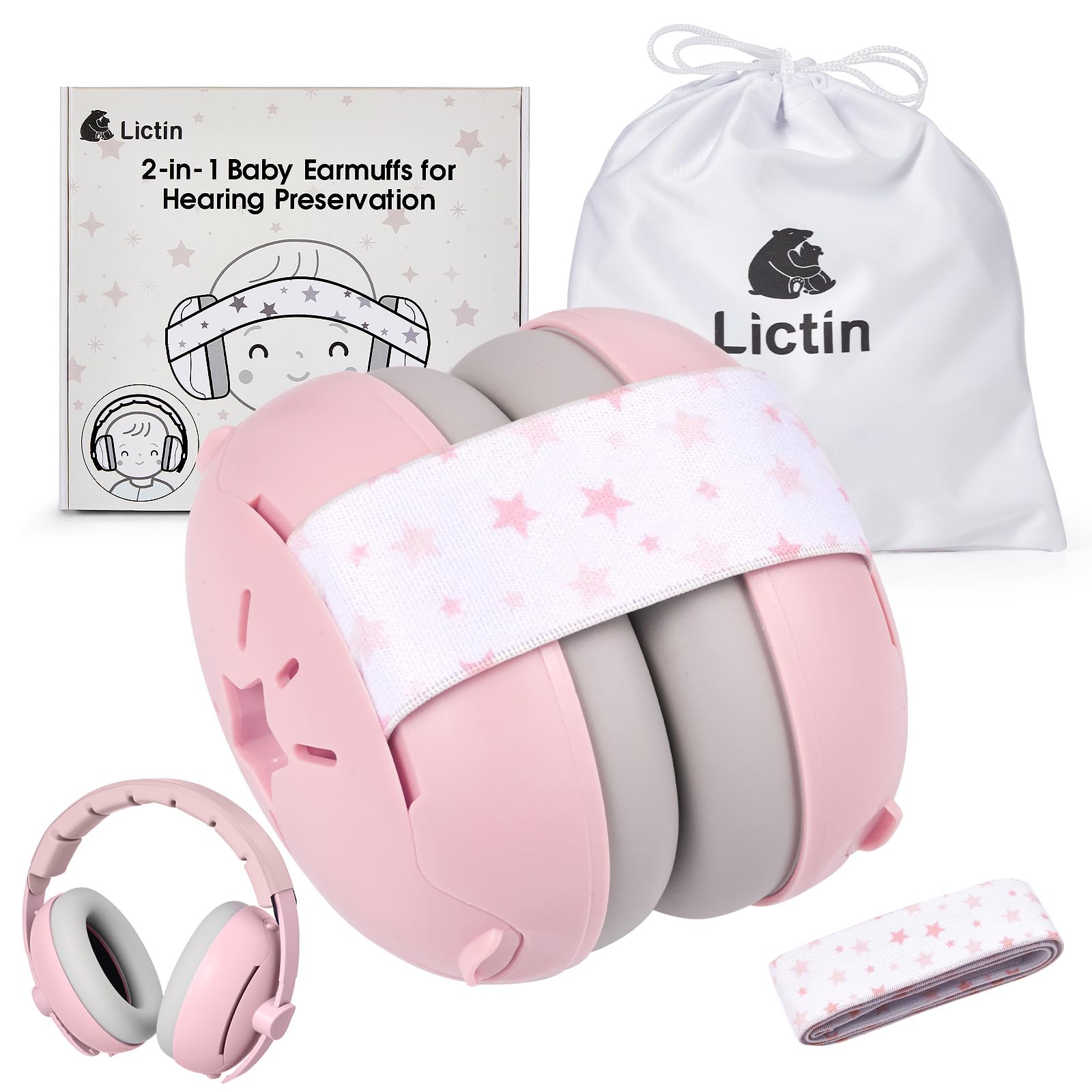 Lictin 2-in-1 Baby Ear Defenders 3-48 Months, Adjustable Ear Defenders Children with Stretchy Band, Baby Headphones for Airplane, Suitable Head Protection During Activities and Sleep