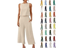 yelldesk Women's 2 Piece Outfits Lounge Sets Casual Sleeveless Square Neck Linen Tank Crop Top with Wide Leg Pants Sets