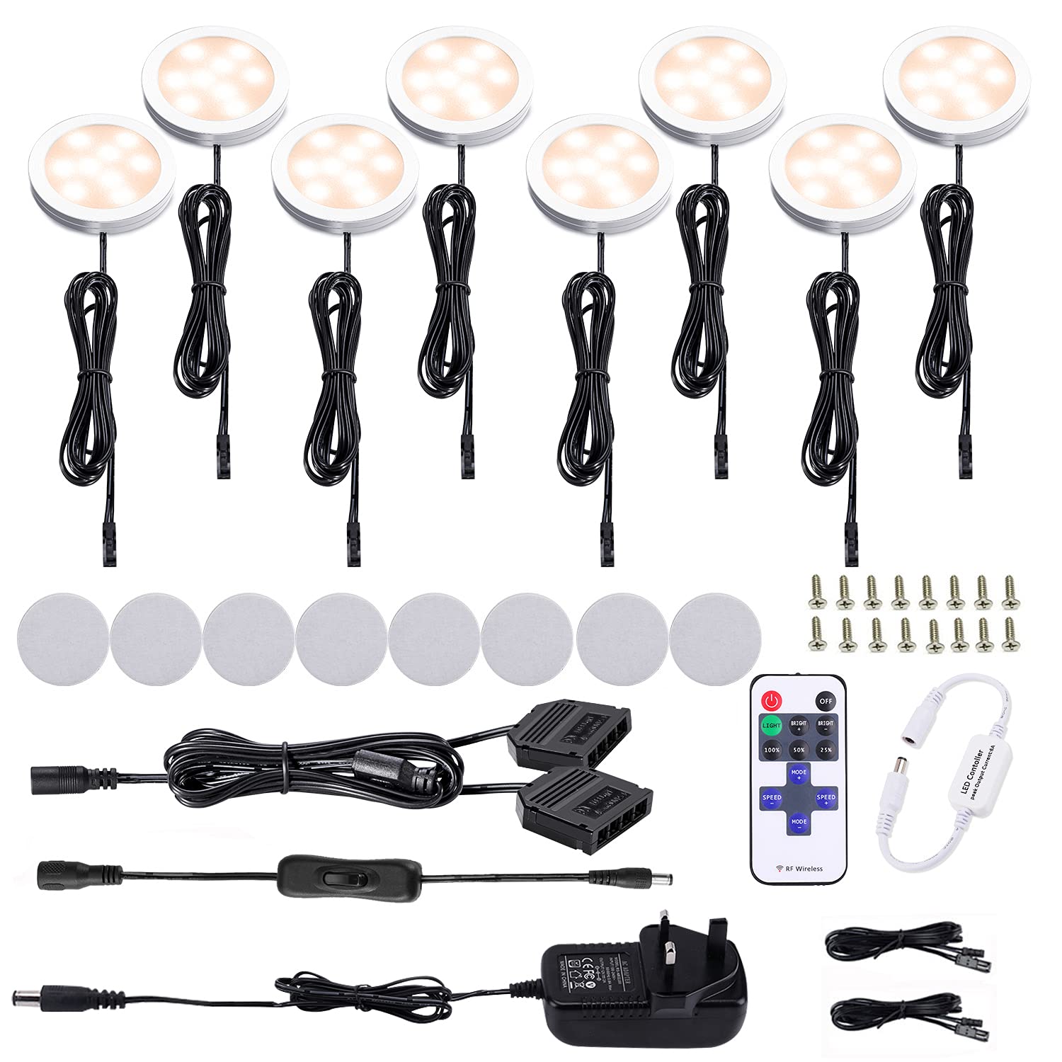 AIBOO LED Kitchen Under Cabinet Lighting Kit Dimmable with Wireless RF Remote,UK Plug,8 Pack Round Display 240V LED Puck Lights,16W Under Cupboard Counter Shelf Lights(Warm White 2700K)