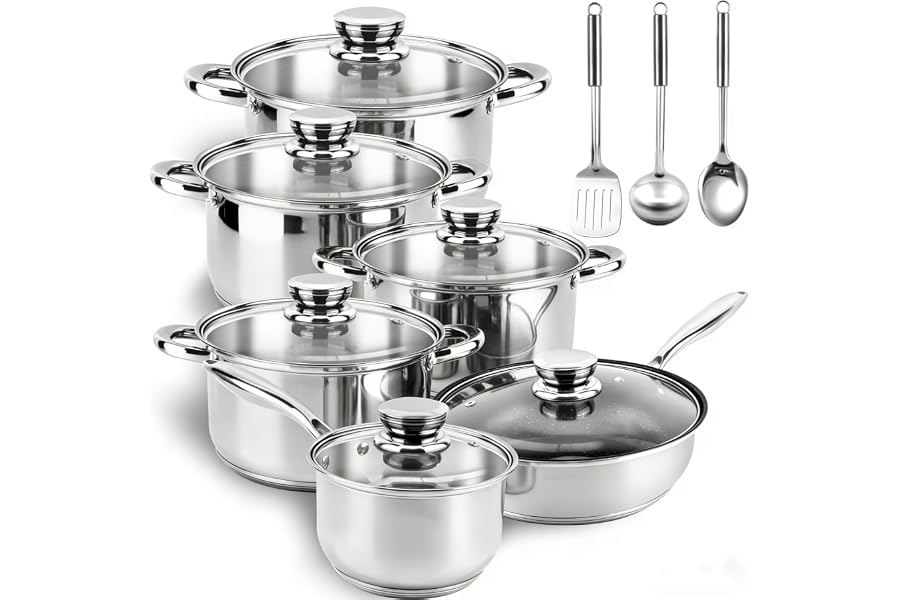 Colourcoco Stainless Steel Cookware Set Pots and Pans- 15 Pieces Nonstick Pot and Pan Set Includes 1 Frying Pans, 5 Pots, 6 Lids and 3 Utensils, with Stay Cooling Handle, Induction & Oven Safe