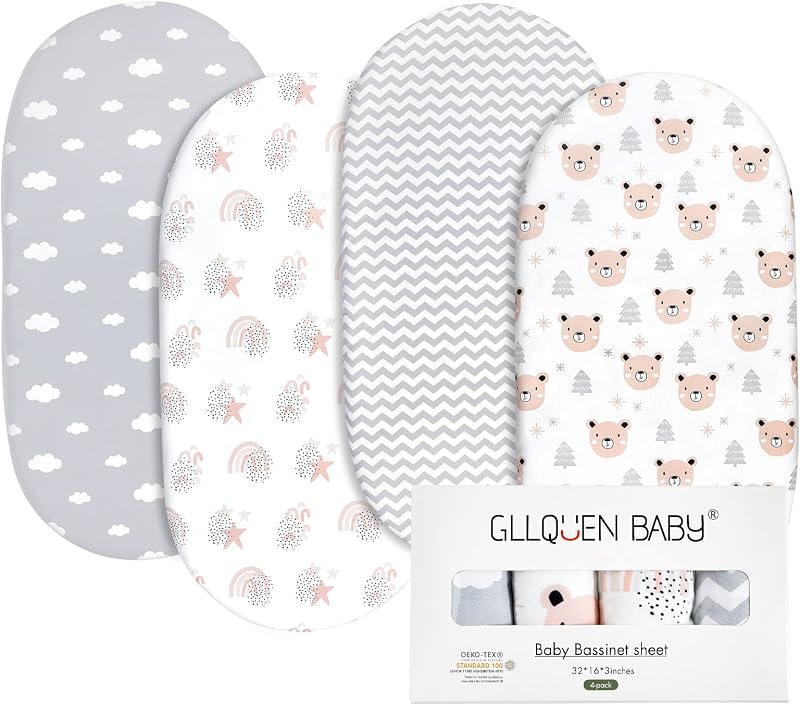 GLLQUEN BABY 4Pack Moses Basket Fitted Sheets 100% Microfiber