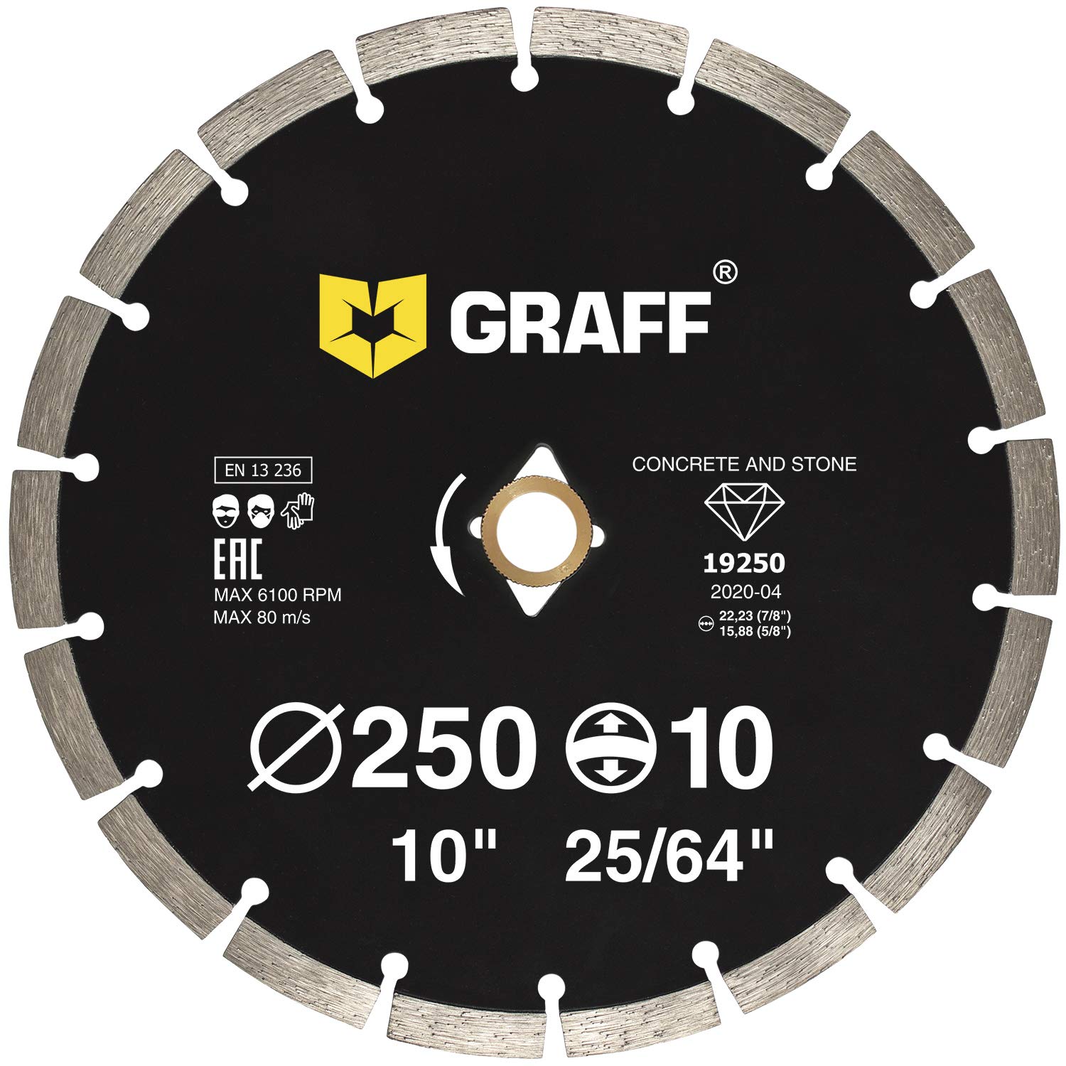 Photo 1 of 10 Inch Diamond Blade for Angle Grinder — Diamond Cutting Wheel for Cutting Stone, Marble, Granite, Brick, Masonry, Paving Flag, Concrete — Diamond Saw Blades Segment Height 0.394” (10 mm) — GRAFF