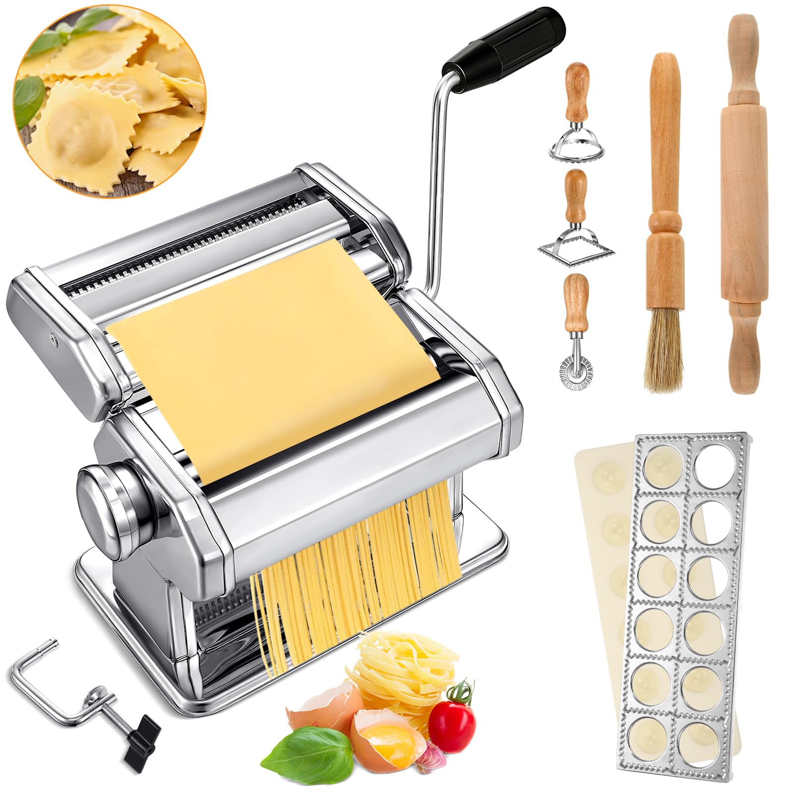 Photo 1 of Hushee 8 Pcs Pasta Maker Machine Set Including Stainless Steel Noodle Maker Machine Wood Pasta Drying Rack Ravioli Stamp Maker Cutter with Pasta Cutter Wheel Mini Rolling Pin Cleaning Brush