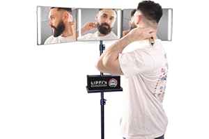 LIPFISBARBERSHOP.com 360° Mirror with Tripod, Adjustable Hooks & Tray – 3 Way Portable & Foldable Vanity Travel Mirror with L