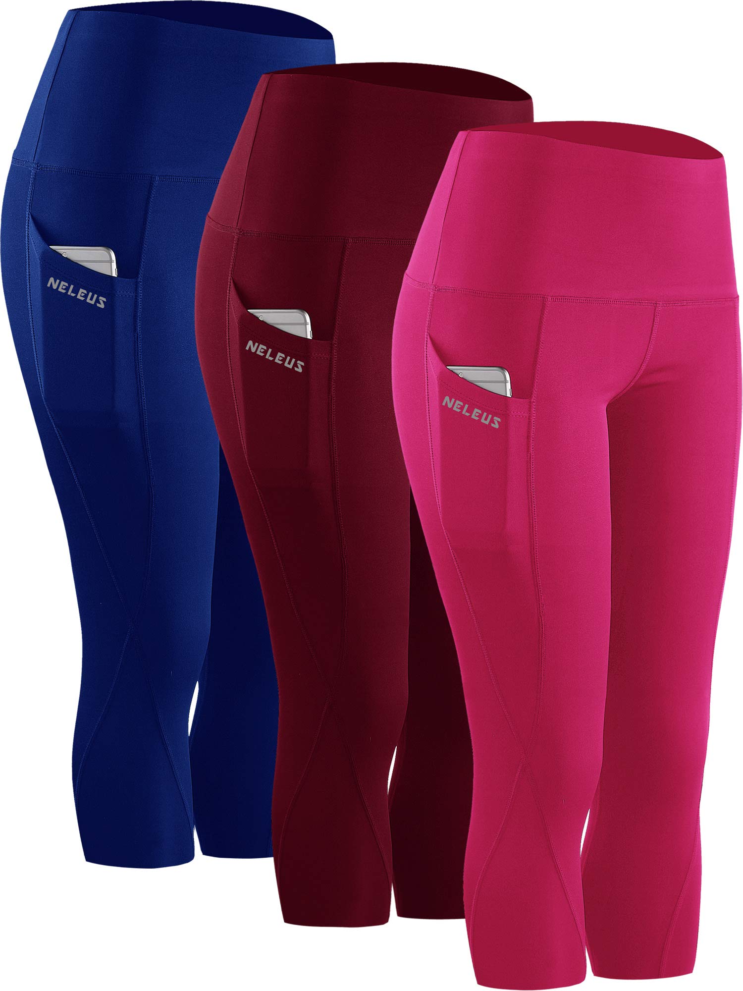 Photo 1 of NELEUS 3 Pack Workout Running Capris Tummy Control High Waist Yoga Leggings Yoga Pants,9027,Dark red,Blue,Rose red,XL,EU 2XL
