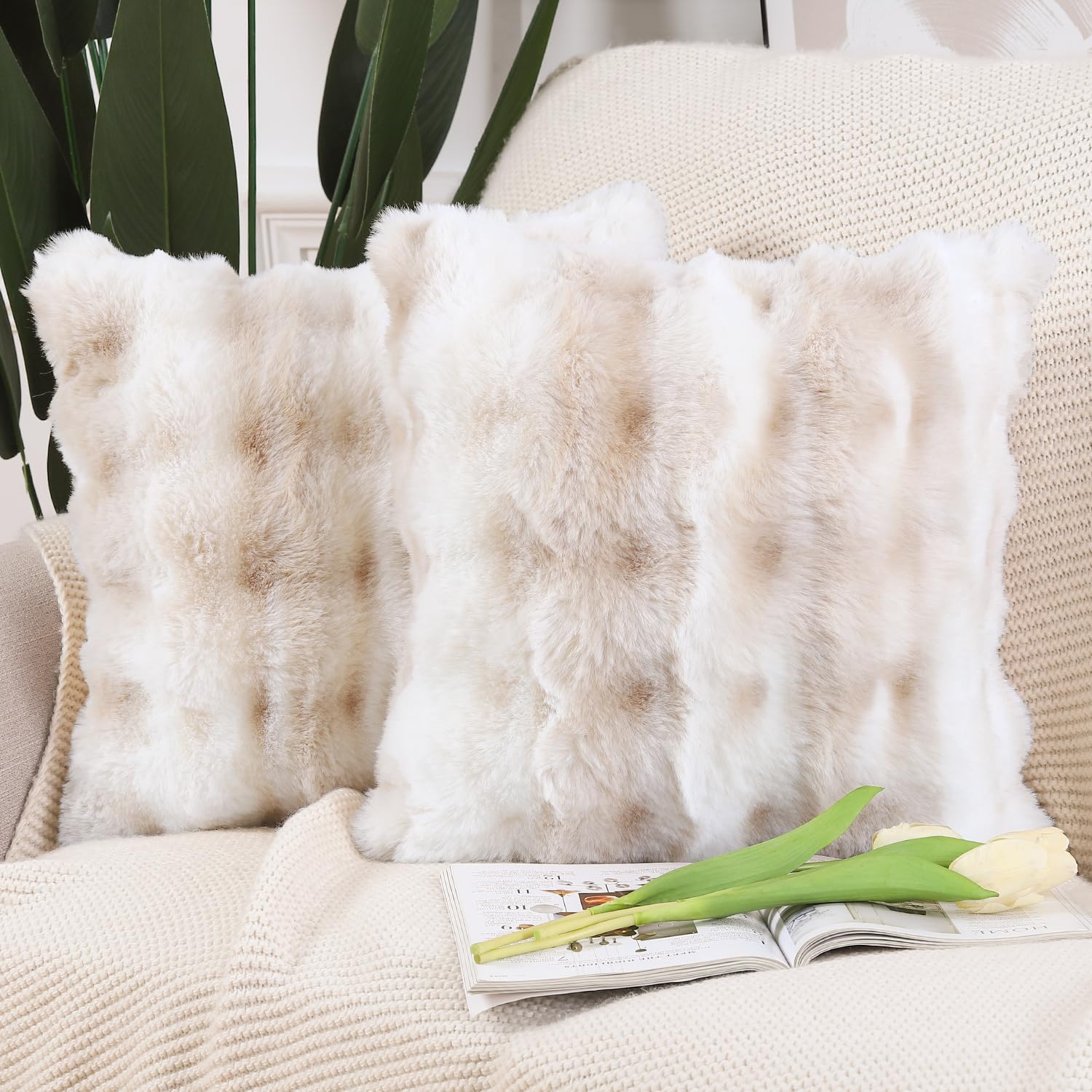 Madizz Pack of 2 Thick Plush Faux Wool Cushion Covers 45x45 cm White Beige Soft Neutral Decorative Throw Pillow Covers Accent Boho Pillowcases for Couch Sofa Bedroom Pillow Shell — image 1