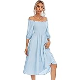R.Vivimos Women's Summer Cotton Lantern Sleeves Ruffled Off Shoulder A-Line Midi Dresses