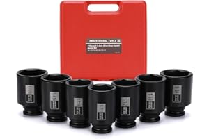 Mayouko 7PCS 1/2 Inch Drive Deep SAE Impact Socket Set, 1-3/8" - 1-3/4", Spindle Axle Nut Sockets, SAE, Deep, 6-Point, CR-MO