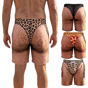 The Cheeky Commando Novelty Prank Swim Trunks | Funny 3D Leopard Print Fake Briefs Beach Shorts, Hairy Legs Men Gag Gift