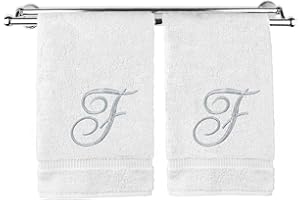 BC BARE COTTON Monogrammed Hand Towel, Personalized Gift, 16 x 30 Inches - Set of 2 - Silver Embroidered Towel - Extra Absorbent 100% Turkish Cotton- Soft Terry Finish - For Bathroom, Kitchen and Spa- Script F White
