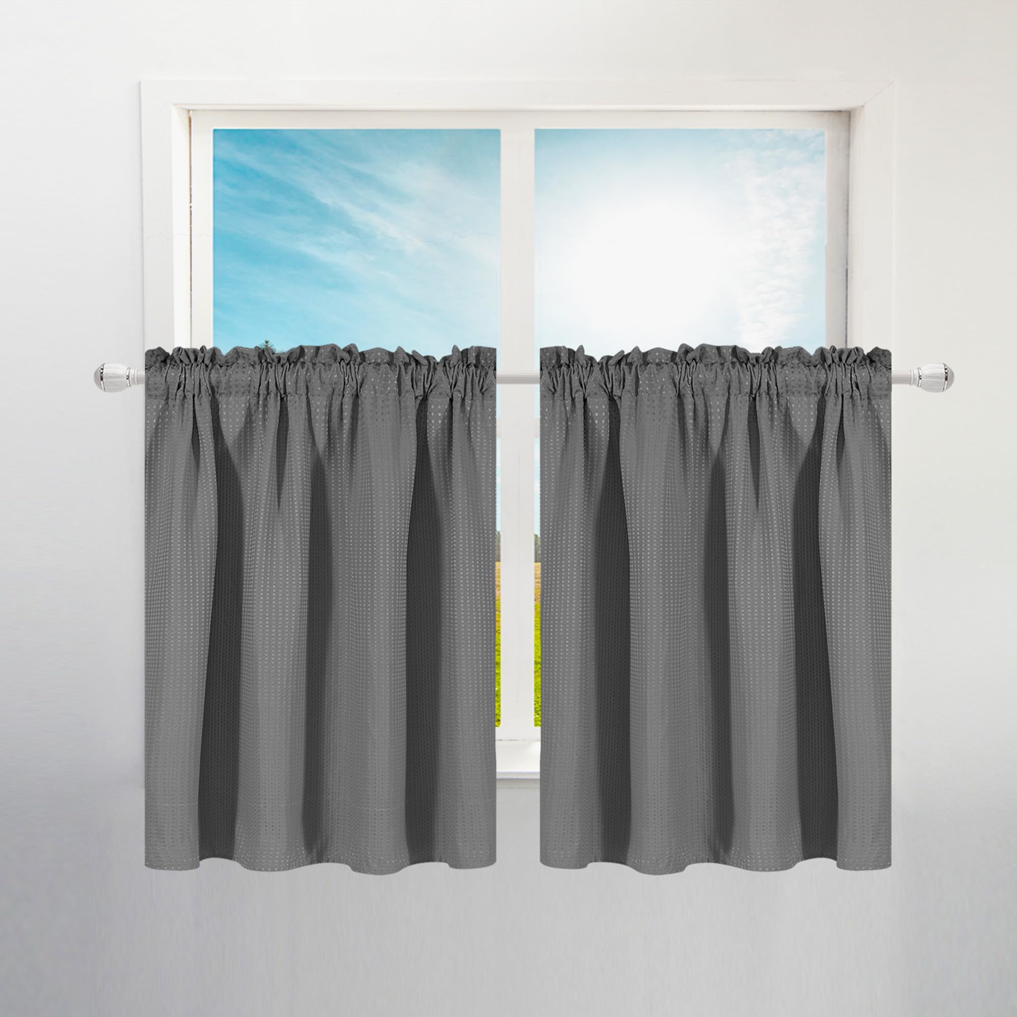 Barossa Design Waffle Weave Half Window Tier Curtains: 36 Inch Short Length for Small Window in Kitchen & Bathroom, Waterproof and Washable - Gray, 36"x36" for Each Panel, Set of 2